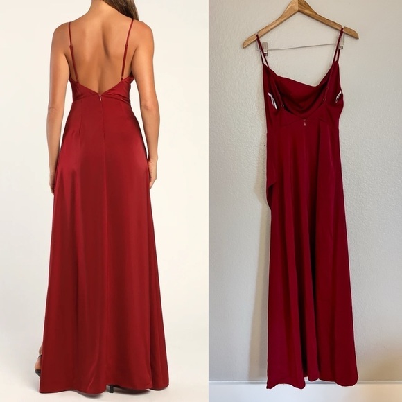 NWOT Unforgettable Love Wine Red Satin Cowl Neck Faux-Wrap Maxi Dress - Picture 3 of 7